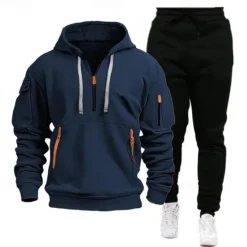 Best OUKU Men's Hoodie Tracksuit Sweatsuit Quarter Zip Hoodie Black Navy Blue Khaki Light Grey Hooded Half Zip Plain Pocket 2 Piece Sports & Outdoor Daily Holiday Polyester Streetwear Basic Casual Spring