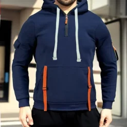 Best OUKU Men's Hoodie Tracksuit Sweatsuit Quarter Zip Hoodie Black Navy Blue Khaki Light Grey Hooded Half Zip Plain Pocket 2 Piece Sports & Outdoor Daily Holiday Polyester Streetwear Basic Casual Spring