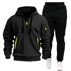 Best OUKU Men's Hoodie Tracksuit Sweatsuit Quarter Zip Hoodie Black Navy Blue Khaki Light Grey Hooded Half Zip Plain Pocket 2 Piece Sports & Outdoor Daily Holiday Polyester Streetwear Basic Casual Spring