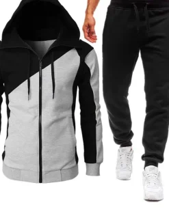 Online OUKU Men's Hoodie Tracksuit Zip Hoodie Sweatshirt Sweat Jacket Wine Red Black Red Blue Light Grey Hooded Color Block Patchwork Zipper Sports & Outdoor Cool Casual Essential Winter Fall & Winter Clothing