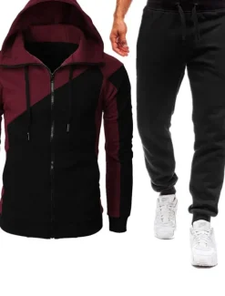 Online OUKU Men's Hoodie Tracksuit Zip Hoodie Sweatshirt Sweat Jacket Wine Red Black Red Blue Light Grey Hooded Color Block Patchwork Zipper Sports & Outdoor Cool Casual Essential Winter Fall & Winter Clothing