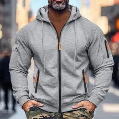 Sale OUKU Men's Hoodie Zip Hoodie Sweatshirt Thick Hoodies Tactical Black Navy Blue Khaki Light Grey Dark Gray Hooded Plain Work Sports & Outdoor Casual Streetwear Basic Casual Spring & Fall Cross-Seasons