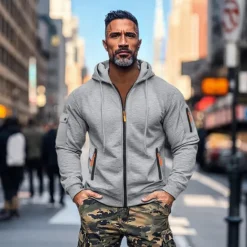 Sale OUKU Men's Hoodie Zip Hoodie Sweatshirt Thick Hoodies Tactical Black Navy Blue Khaki Light Grey Dark Gray Hooded Plain Work Sports & Outdoor Casual Streetwear Basic Casual Spring & Fall Cross-Seasons