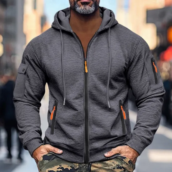 Sale OUKU Men's Hoodie Zip Hoodie Sweatshirt Thick Hoodies Tactical Black Navy Blue Khaki Light Grey Dark Gray Hooded Plain Work Sports & Outdoor Casual Streetwear Basic Casual Spring & Fall Cross-Seasons
