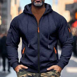 Sale OUKU Men's Hoodie Zip Hoodie Sweatshirt Thick Hoodies Tactical Black Navy Blue Khaki Light Grey Dark Gray Hooded Plain Work Sports & Outdoor Casual Streetwear Basic Casual Spring & Fall Cross-Seasons