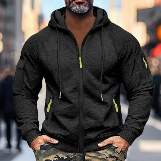 Sale OUKU Men's Hoodie Zip Hoodie Sweatshirt Thick Hoodies Tactical Black Navy Blue Khaki Light Grey Dark Gray Hooded Plain Work Sports & Outdoor Casual Streetwear Basic Casual Spring & Fall Cross-Seasons