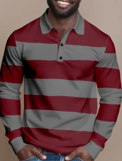 Clearance OUKU Men's Horizontal Stripes Cable Knit Polo Rugby Polo Shirts Long Sleeve Polo Shirts Collared Shirts Casual Outdoor Athleisure 3D Print Buttons Spring Fall Red Blue Green