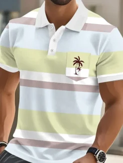 Online OUKU Men's Horizontal Stripes Palm Tree Polo Short Sleeve Polo Shirts Collared Shirts Casual Resort Athleisure Daily Wear Vacation Wear Pocket 3D Print Buttons Summer Yellow Pink Blue