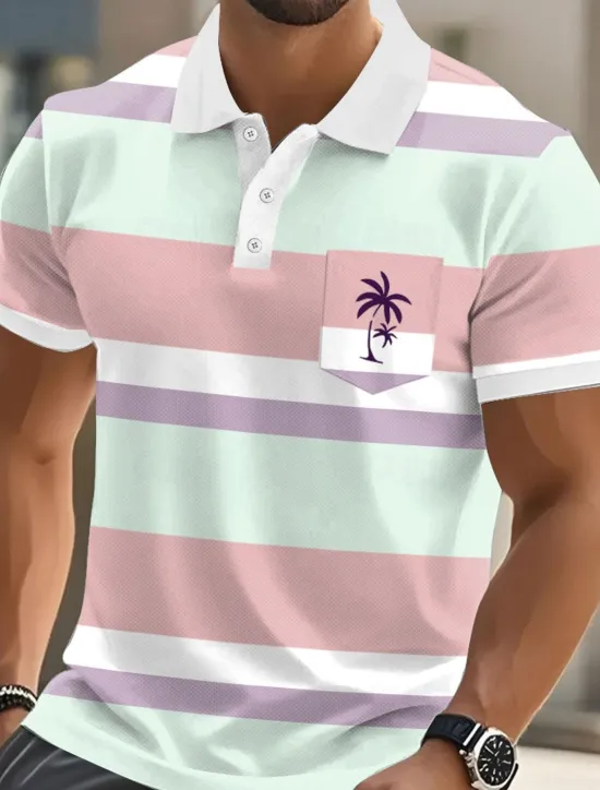 Online OUKU Men's Horizontal Stripes Palm Tree Polo Short Sleeve Polo Shirts Collared Shirts Casual Resort Athleisure Daily Wear Vacation Wear Pocket 3D Print Buttons Summer Yellow Pink Blue