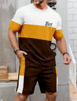 Best OUKU Men's Horizontal Stripes 2pcs Tees sets Summer Tops Short Sleeve Short Pants Crew Neck Sport Casual Outdoor Vacation Sport 3D Print Summer Pink Brown Green