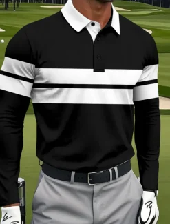 Discount OUKU Men's Horizontal Stripes Polo Sports Polo Shirts Long Sleeve Polo Shirts Collared Shirts Sportswear Casual Athleisure Daily Wear 3D Print Spring Fall Winter Black Blue Green