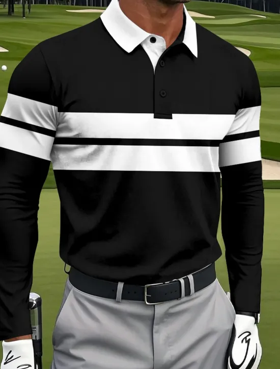 Discount OUKU Men's Horizontal Stripes Polo Sports Polo Shirts Long Sleeve Polo Shirts Collared Shirts Sportswear Casual Athleisure Daily Wear 3D Print Spring Fall Winter Black Blue Green