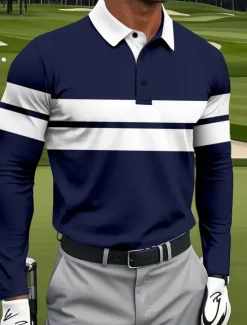 Discount OUKU Men's Horizontal Stripes Polo Sports Polo Shirts Long Sleeve Polo Shirts Collared Shirts Sportswear Casual Athleisure Daily Wear 3D Print Spring Fall Winter Black Blue Green