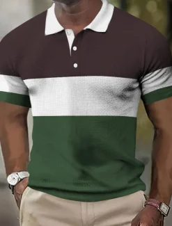 Sale OUKU Men's Horizontal Stripes Rugby Polo Short Sleeve Polo Shirts Collared Shirts Business Casual School Formal Dailywear Business Buttons 3D Print Summer Dark Brown Dark Green Dark Blue