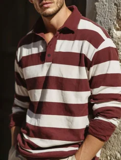 Online OUKU Men's Horizontal Stripes Rugby Polo Long Sleeve Polo Shirts Collared Shirts Sportswear Casual School Outdoor Athleisure 3D Print Spring Fall Winter Maroon Blue Green
