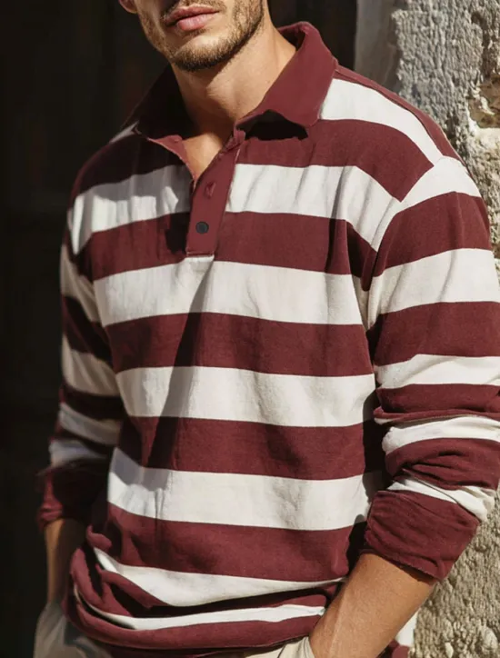 Online OUKU Men's Horizontal Stripes Rugby Polo Long Sleeve Polo Shirts Collared Shirts Sportswear Casual School Outdoor Athleisure 3D Print Spring Fall Winter Maroon Blue Green