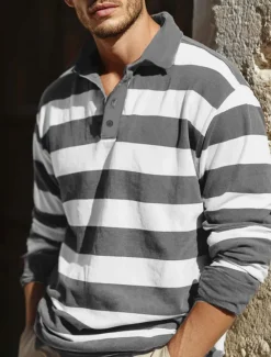 Online OUKU Men's Horizontal Stripes Rugby Polo Long Sleeve Polo Shirts Collared Shirts Sportswear Casual School Outdoor Athleisure 3D Print Spring Fall Winter Maroon Blue Green