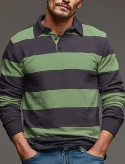 Online OUKU Men's Horizontal Stripes Rugby Polo Long Sleeve Polo Shirts Collared Shirts Sportswear Casual School Outdoor Athleisure 3D Print Spring Fall Winter Yellow Orange Green