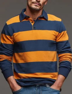 Online OUKU Men's Horizontal Stripes Rugby Polo Long Sleeve Polo Shirts Collared Shirts Sportswear Casual School Outdoor Athleisure 3D Print Spring Fall Winter Yellow Orange Green