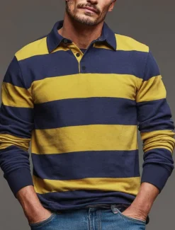 Online OUKU Men's Horizontal Stripes Rugby Polo Long Sleeve Polo Shirts Collared Shirts Sportswear Casual School Outdoor Athleisure 3D Print Spring Fall Winter Yellow Orange Green