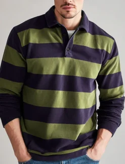 Clearance OUKU Men's Horizontal Stripes Rugby Polo Long Sleeve Polo Shirts Collared Shirts Sportswear Casual School Outdoor Athleisure 3D Print Spring Fall Winter Red Blue Brown