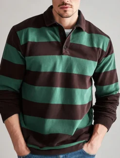 Clearance OUKU Men's Horizontal Stripes Rugby Polo Long Sleeve Polo Shirts Collared Shirts Sportswear Casual School Outdoor Athleisure 3D Print Spring Fall Winter Red Blue Brown