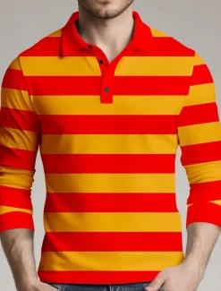 Outlet OUKU Men's Horizontal Stripes Rugby Polo Long Sleeve Polo Shirts Collared Shirts Sportswear Casual School Outdoor Athleisure 3D Print Spring Fall Winter Black Red Orange