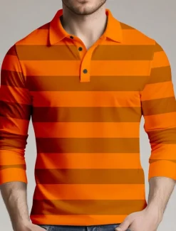 Outlet OUKU Men's Horizontal Stripes Rugby Polo Long Sleeve Polo Shirts Collared Shirts Sportswear Casual School Outdoor Athleisure 3D Print Spring Fall Winter Black Red Orange