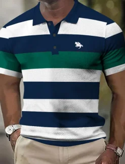 Online OUKU Men's Horizontal Stripes Rugby Polo Short Sleeve Polo Shirts Collared Shirts Business Casual School Formal Dailywear Business Buttons 3D Print Summer Red Brown Green