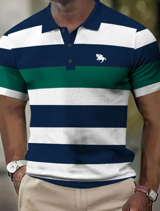Online OUKU Men's Horizontal Stripes Rugby Polo Short Sleeve Polo Shirts Collared Shirts Business Casual School Formal Dailywear Business Buttons 3D Print Summer Red Brown Green