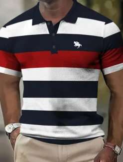 Online OUKU Men's Horizontal Stripes Rugby Polo Short Sleeve Polo Shirts Collared Shirts Business Casual School Formal Dailywear Business Buttons 3D Print Summer Red Brown Green