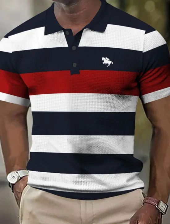 Online OUKU Men's Horizontal Stripes Rugby Polo Short Sleeve Polo Shirts Collared Shirts Business Casual School Formal Dailywear Business Buttons 3D Print Summer Red Brown Green