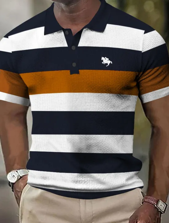 Online OUKU Men's Horizontal Stripes Rugby Polo Short Sleeve Polo Shirts Collared Shirts Business Casual School Formal Dailywear Business Buttons 3D Print Summer Red Brown Green