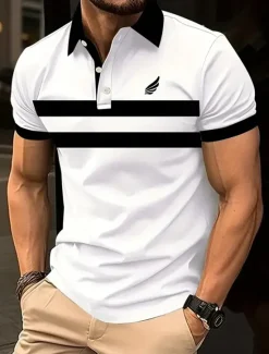 Discount OUKU Men's Horizontal Stripes Rugby Polo Short Sleeve Polo Shirts Collared Shirts Business Casual School Outdoor Athleisure Daily Wear 3D Print Summer Spring Fall White Yellow Pink