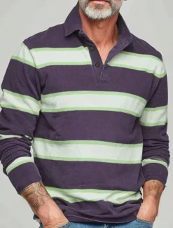 Online OUKU Men's Horizontal Stripes Rugby Polo Long Sleeve Polo Shirts Collared Shirts Sportswear Casual School Outdoor Athleisure 3D Print Spring Fall Winter Blue Purple Green