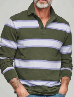 Online OUKU Men's Horizontal Stripes Rugby Polo Long Sleeve Polo Shirts Collared Shirts Sportswear Casual School Outdoor Athleisure 3D Print Spring Fall Winter Blue Purple Green