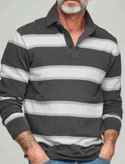 Online OUKU Men's Horizontal Stripes Rugby Polo Long Sleeve Polo Shirts Collared Shirts Sportswear Casual School Outdoor Athleisure 3D Print Spring Fall Winter Blue Purple Green