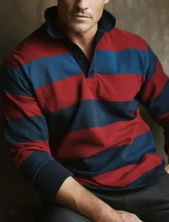 Outlet OUKU Men's Horizontal Stripes Rugby Polo Long Sleeve Polo Shirts Collared Shirts Sportswear Casual School Outdoor Athleisure 3D Print Spring Fall Winter Red Blue Purple