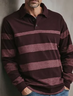 OUKU Men's Horizontal Stripes Rugby Polo Long Sleeve Polo Shirts Collared Shirts Sportswear Casual School Outdoor Athleisure 3D Print Buttons Spring Fall Winter Red Blue Brown