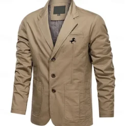 Online OUKU Men's Horse Print Cotton Suit Jacket Suits Coat Blazer Casual Outdoor Dailywear Long Sleeve Notch Lapel Collar Outwear Pockets Button Down Stripe Lined Suit Jacket Fall Winter Black khaki Army Green