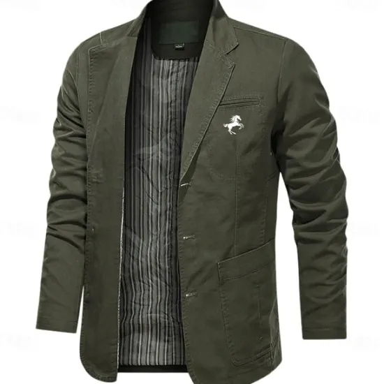 Online OUKU Men's Horse Print Cotton Suit Jacket Suits Coat Blazer Casual Outdoor Dailywear Long Sleeve Notch Lapel Collar Outwear Pockets Button Down Stripe Lined Suit Jacket Fall Winter Black khaki Army Green