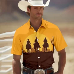 Best OUKU Men's Horse Shirt Western Shirt Cowboy Shirt Short Sleeve Western Style Tribal Outdoor Summer Spring Shirt Collar Yellow