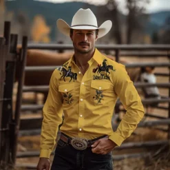 Best OUKU Men's Horse Shirt Western Shirt Cowboy Shirt Long Sleeve Western Style Work Street Causal Summer Spring Fall Turndown Yellow