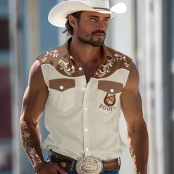 Discount OUKU Men's Horse Southwestern Print Shirt Western Shirt Cowboy Shirt Sleeveless Western Style Outdoor Work Causal Summer Spring Shirt Collar Blue Green Khaki