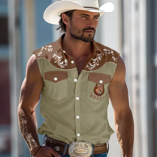 Discount OUKU Men's Horse Southwestern Print Shirt Western Shirt Cowboy Shirt Sleeveless Western Style Outdoor Work Causal Summer Spring Shirt Collar Blue Green Khaki