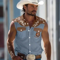 Discount OUKU Men's Horse Southwestern Print Shirt Western Shirt Cowboy Shirt Sleeveless Western Style Outdoor Work Causal Summer Spring Shirt Collar Blue Green Khaki