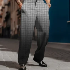 OUKU Men's Houndstooth Dress Pants Mid Waist Business Casual Formal Dailywear Zipper Pocket Straight Leg Trousers Summer Spring Fall 3D Print Gray