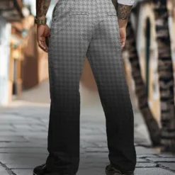 OUKU Men's Houndstooth Dress Pants Mid Waist Business Casual Formal Dailywear Zipper Pocket Straight Leg Trousers Summer Spring Fall 3D Print Gray