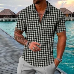 Online OUKU Men's Houndstooth Hawaiian Polo Shirts Golf Shirt Short Sleeve Polo Shirts Collared Shirts Casual Beach Wear Vacation Wear Party Outfits 3D Print Quarter Zip Polo Black