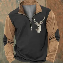 New OUKU Men's Hunting Deer Sweatshirts Quarter Zip Sweatshirt Long Sleeve Sweatshirt Zip Vintage Retro Western Cowboy 3D Printing Climbing Hunting Winter Spring & Fall